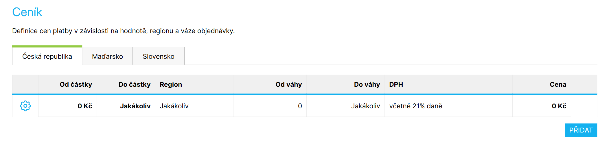Ceník způsobu platby – příklad platby zdarma pro doručení do Česka