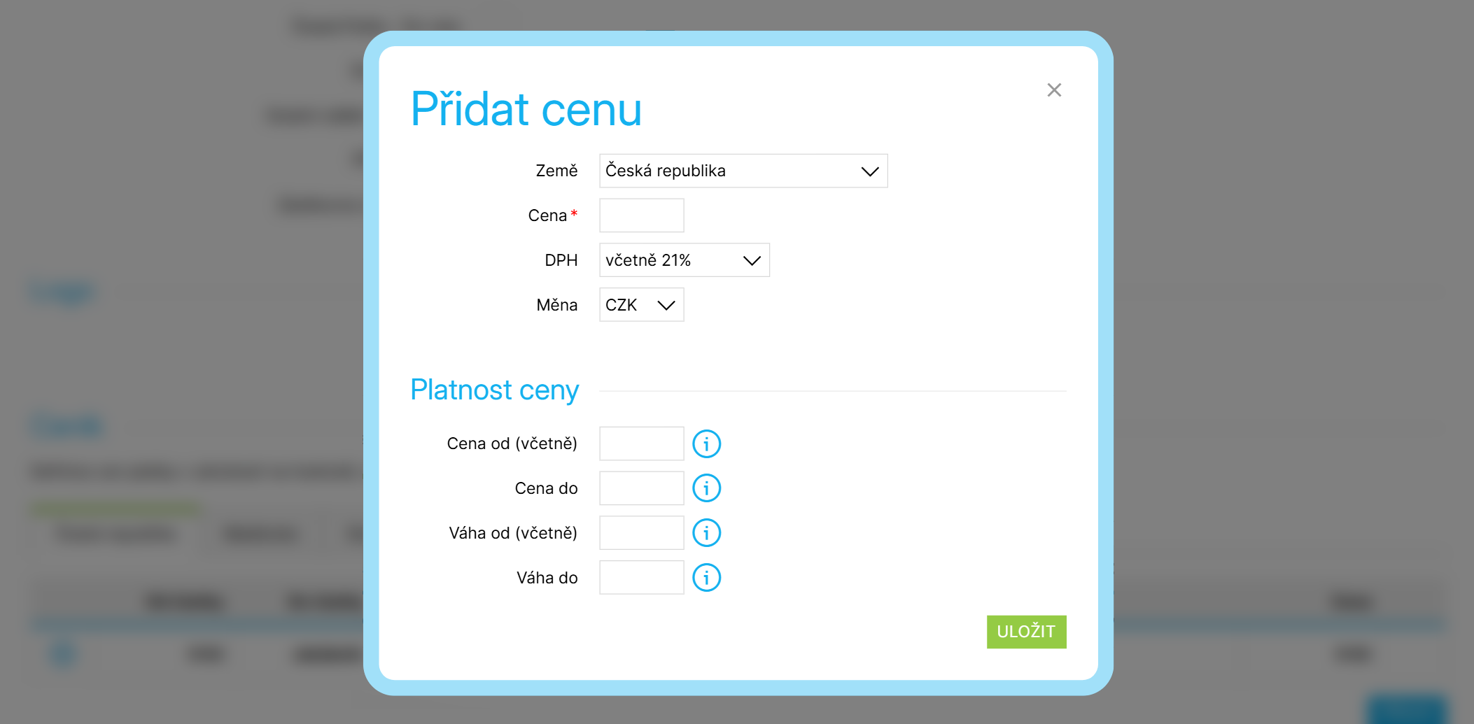Okno pro přidání nové ceny k dopravě