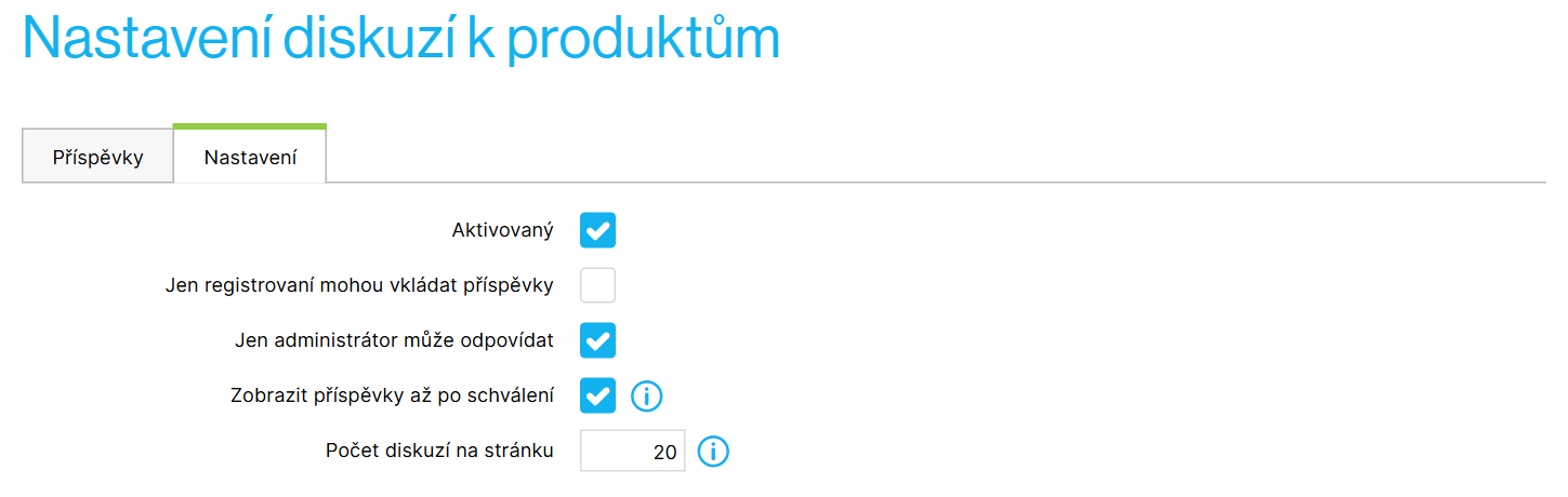 Nastavení diskuzí k produktům (stejné u článků i stránek)