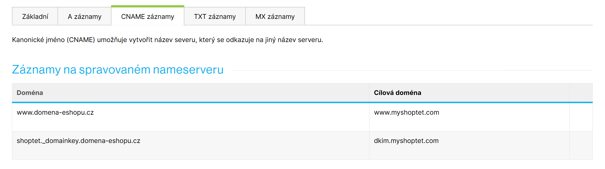 Nastavení → Hosting → DNS, záložka CNAME záznamy