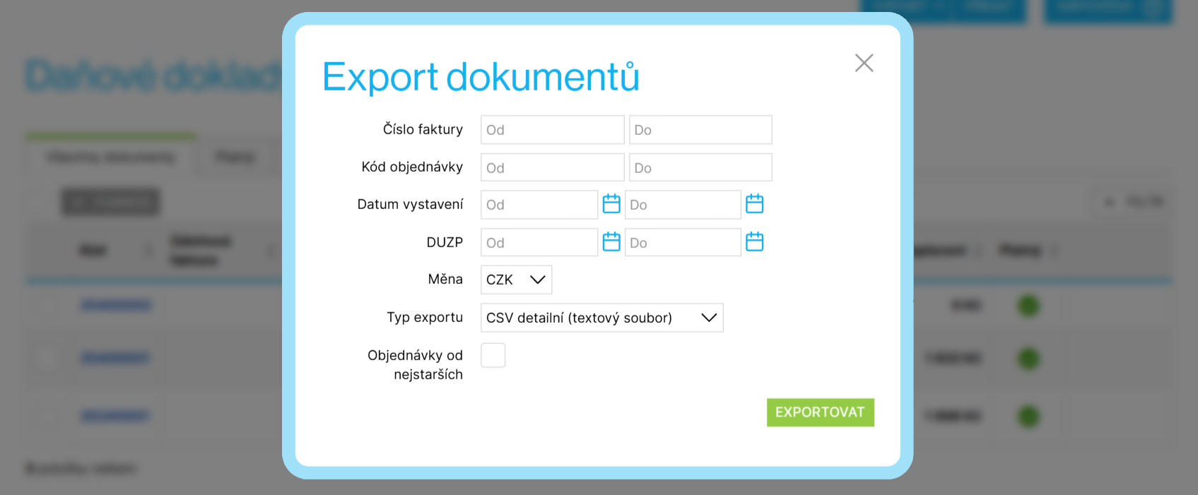 Nabídka exportu daňových dokladů (faktur)