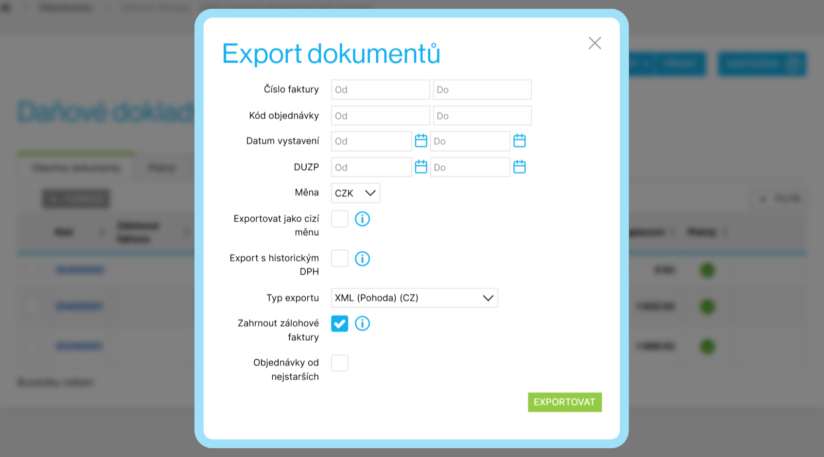 Možnosti exportu pro Pohodu
