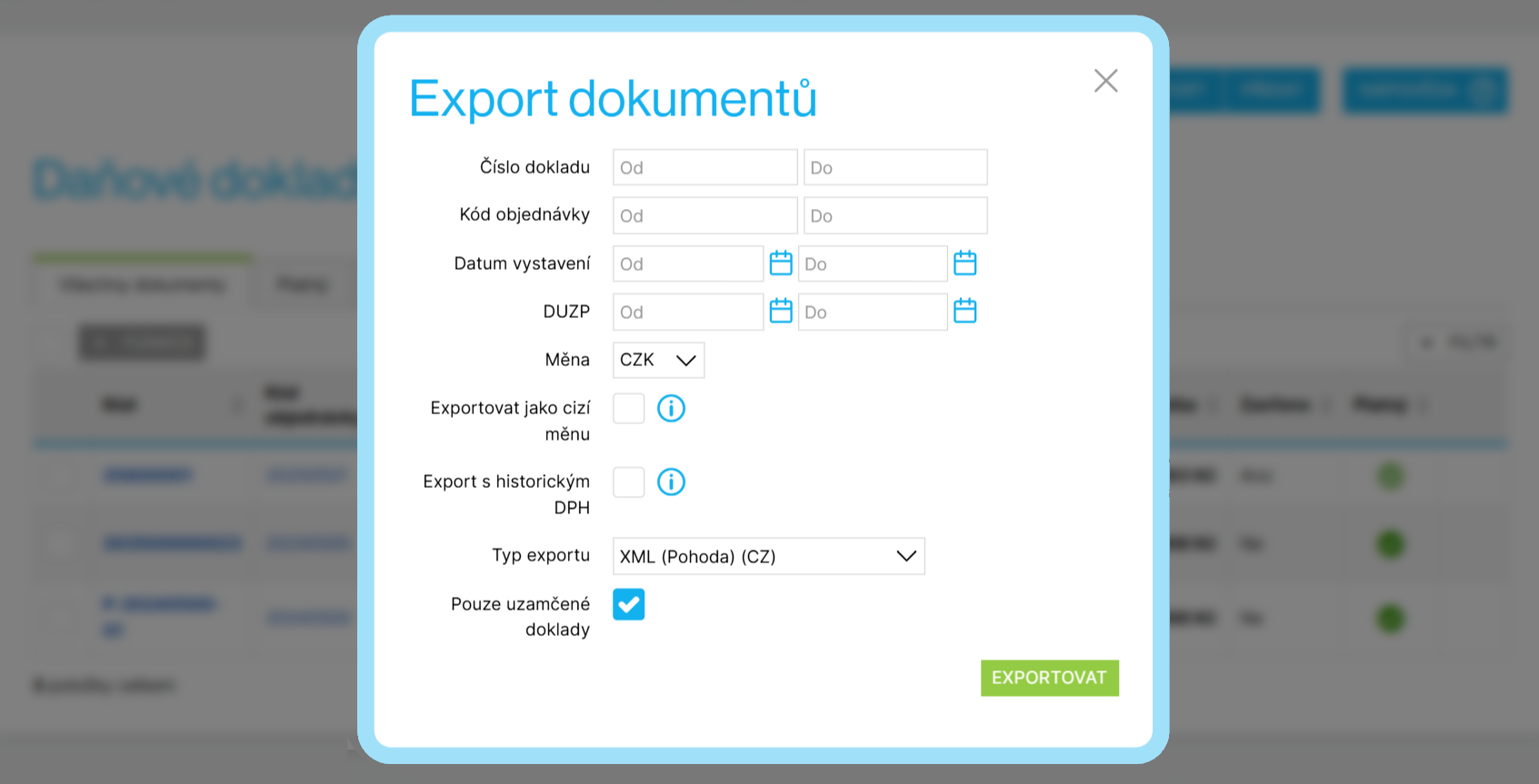 Nabídka exportu dokladů k přijaté platbě