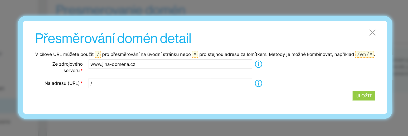 Okno pro přidání přesměrování domény