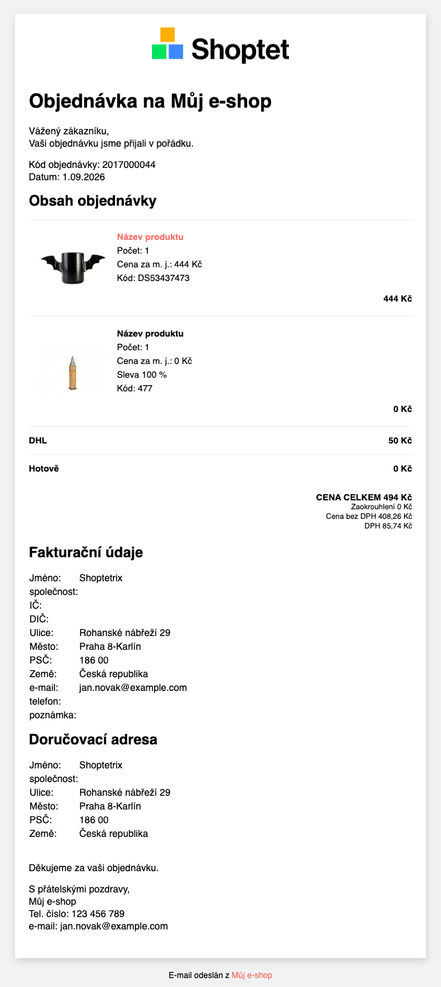 Ukázka e-mailu s objednávkou v šabloně Moderna