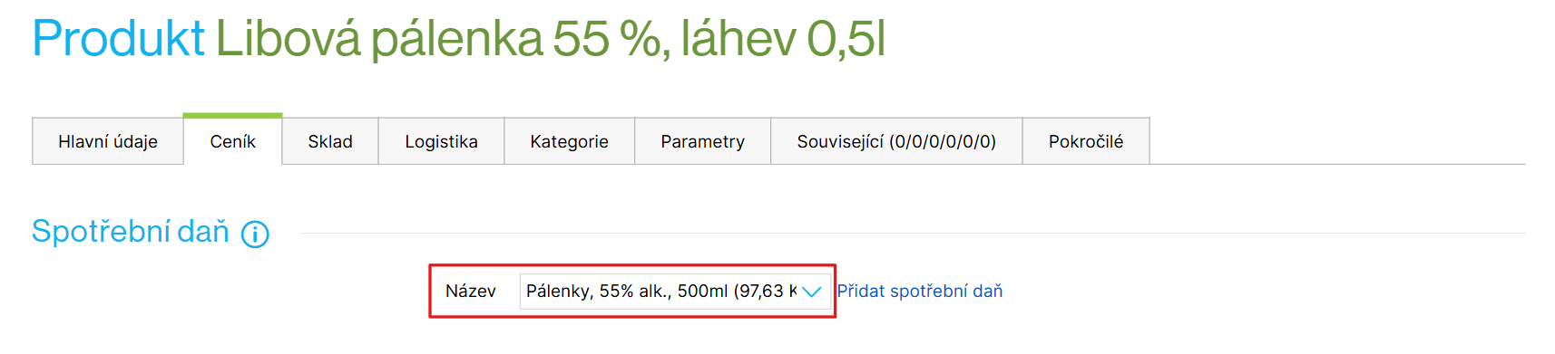 Nastavení spotřební daně v detailu produktu
