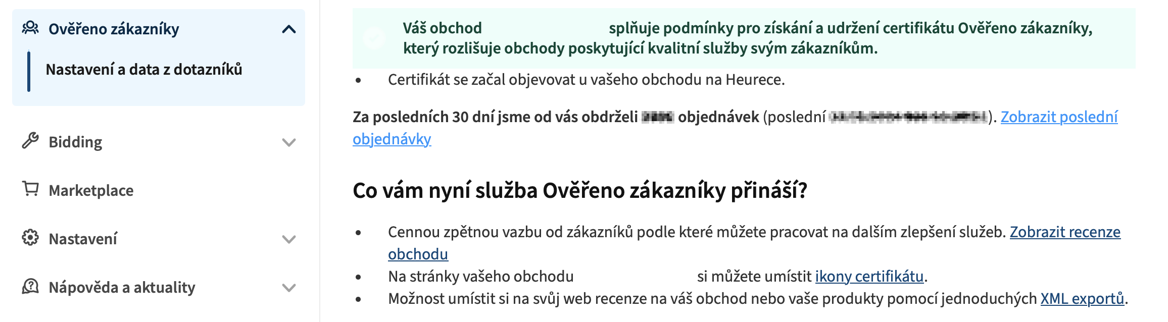 Stránka „Nastavení a data z dotazníků“ v administraci Heureky