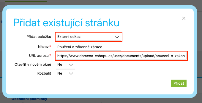 Formulář pro přidání položky do menu s vybraným typem Externí odkaz a vyplněnou URL adresou souboru