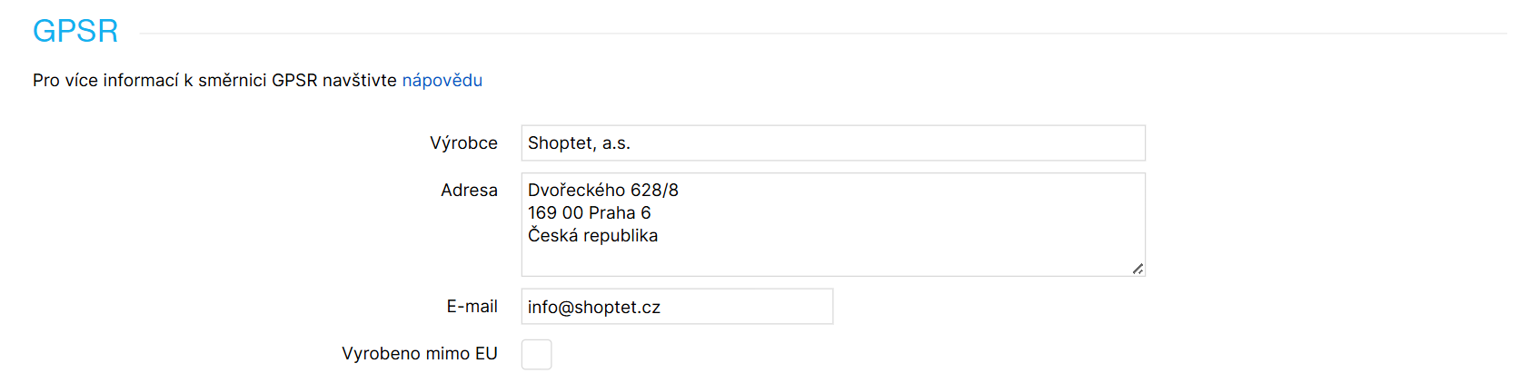 Nastavení GPSR údajů v detailu značky