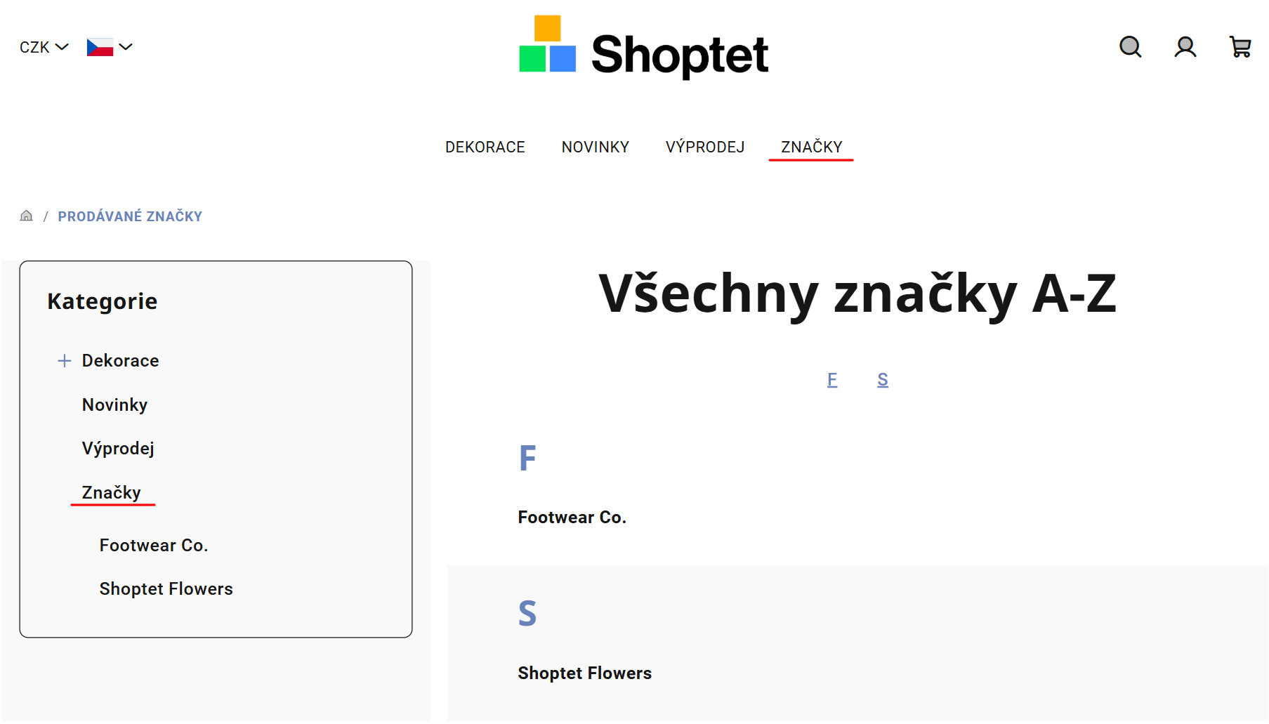 Stránka Prodávané značky se zvýrazněnými odkazy vedoucími na tuto stránku