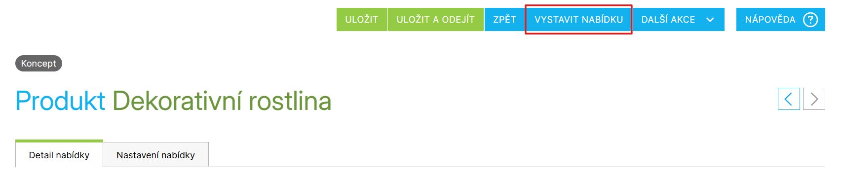 Tlačítko Vystavit nabídku v detailu nabídky
