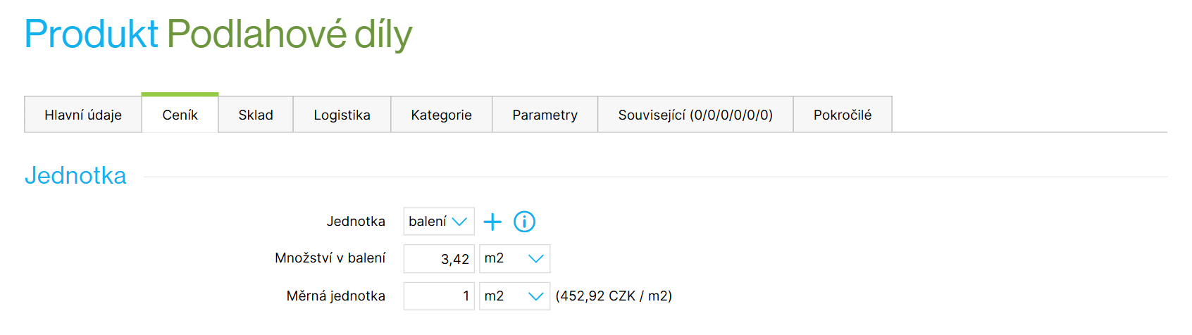 Nastavení jednotky v detailu produktu