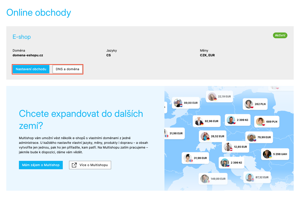 Stránka Online obchody s kartou obchodu, zvýrazněnými tlačítky Nastavení obchodu a DNS a doména a boxem Multishopu