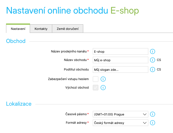 Nastavení online obchodu, záložka Nastavení s částmi Obchod a Lokalizace
