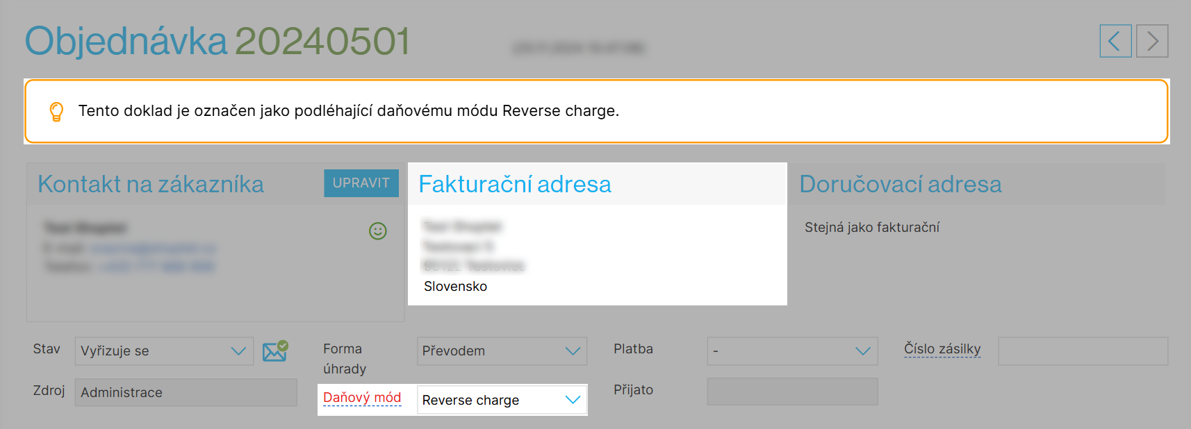 Změna daňového módu objednávky