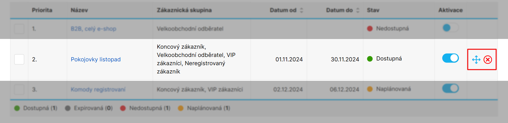 Tlačítka pro úpravu priority slevy a pro smazání slevy