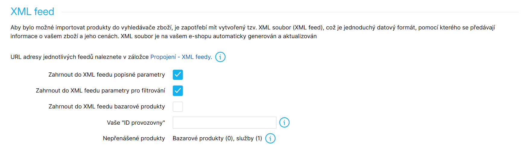 Možnosti nastavení XML feedu