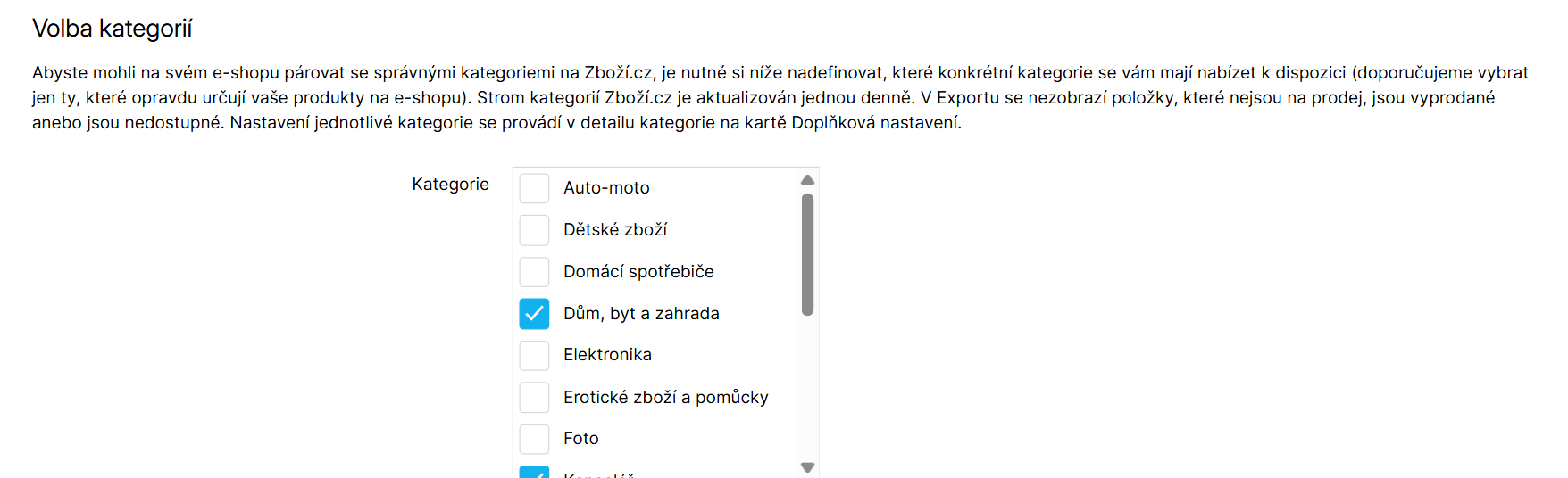 Výběr Zboží.cz kategorií ke spárování