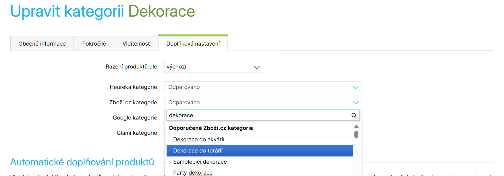 Párování Zboží.cz kategorie v detailu kategorie produktů
