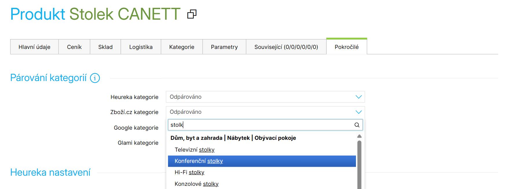 Párování Zboží.cz kategorie v detailu produktu