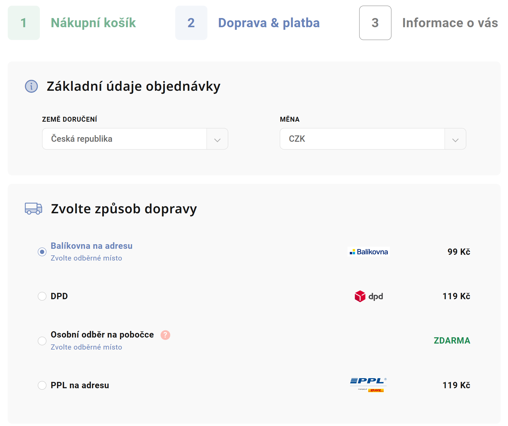 Zobrazení způsobů doprav v košíku