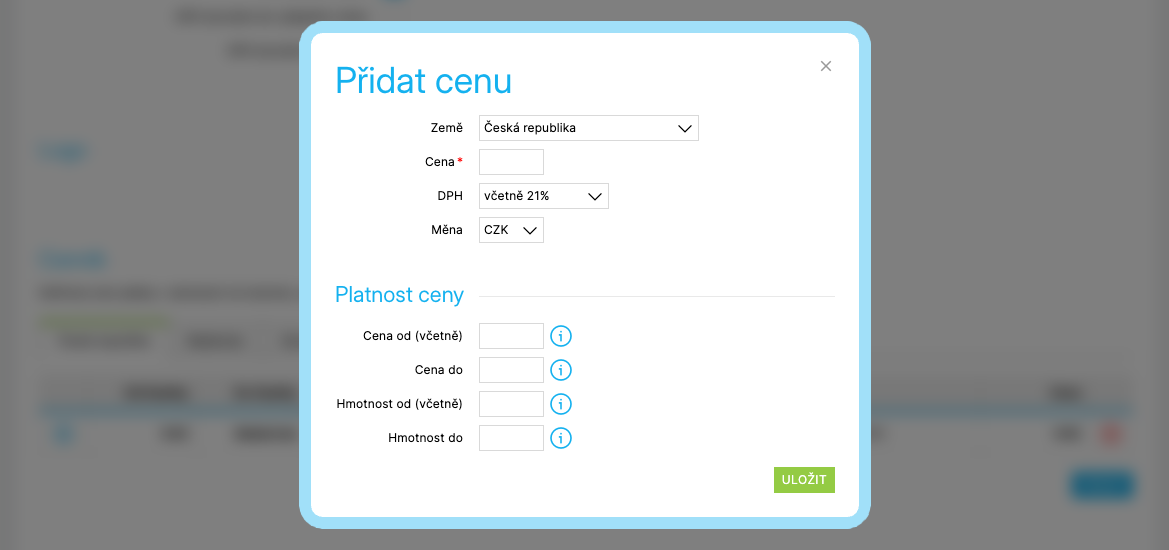 Okno pro přidání nové ceny k dopravě