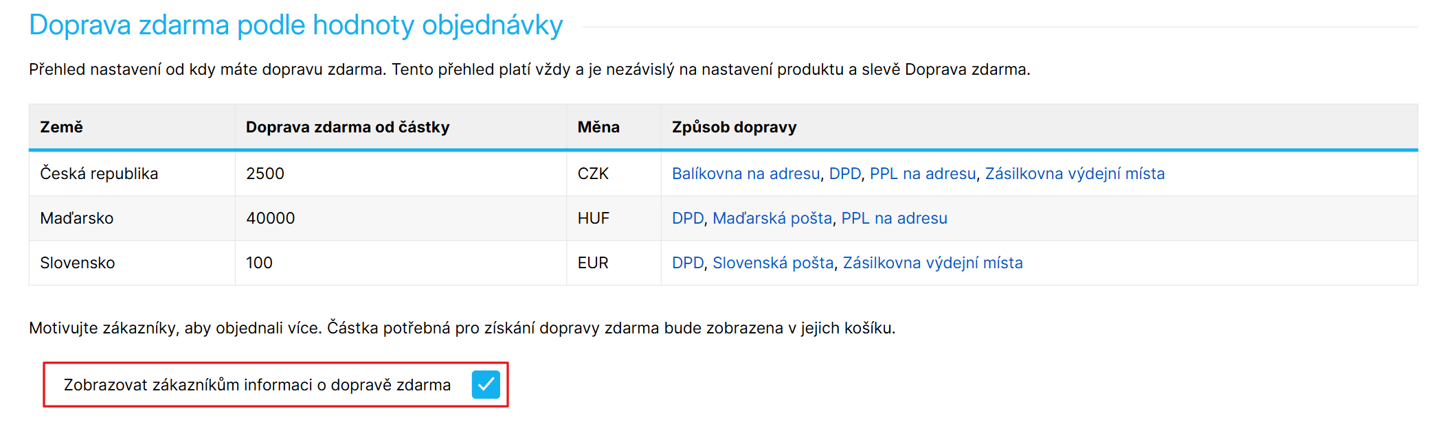 Přehled doprav zdarma podle částky objednávky