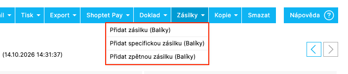 Nabídka Zásilky na detailu objednávky s možnostmi přidání zásilky