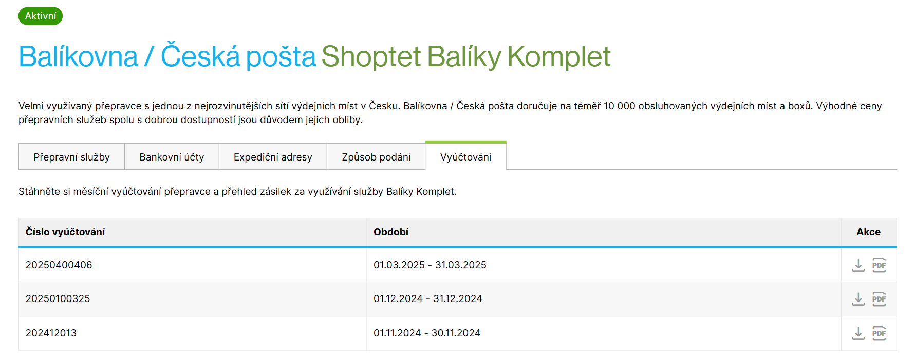 Záložka Vyúčtování v detailu přepravce v rámci služby Balíky Komplet