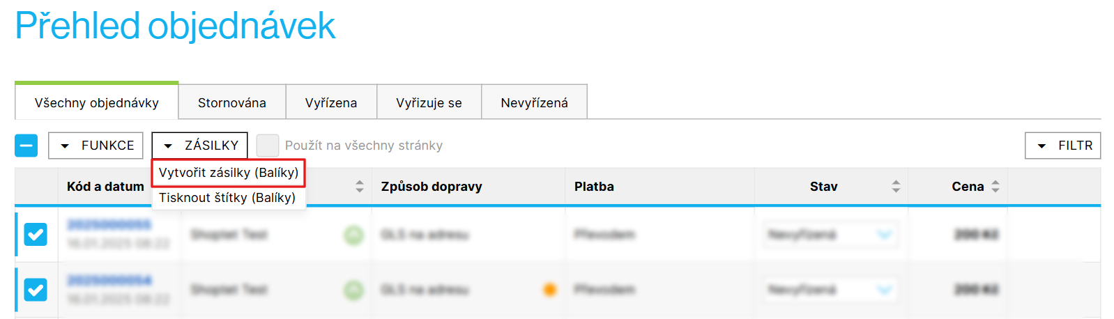 Hromadné vytvoření zásilek z přehledu objednávek