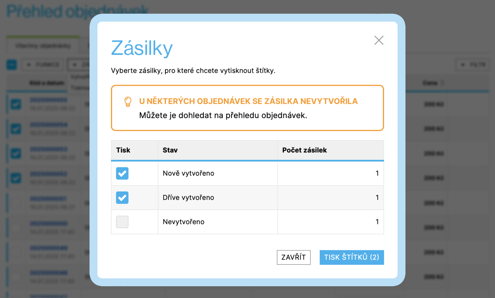 Souhrn hromadně vytvořených a nevytvořených zásilek