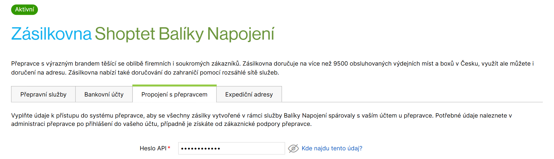 Záložka Propojení s přepravcem v detailu přepravce v rámci služby Balíky Napojení