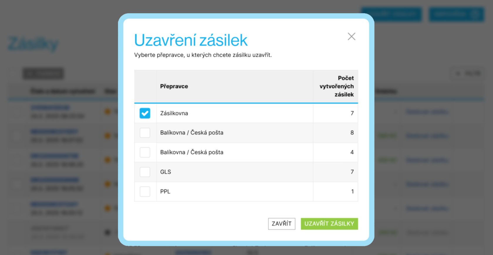 Uzavření zásilek – výběr přepravců