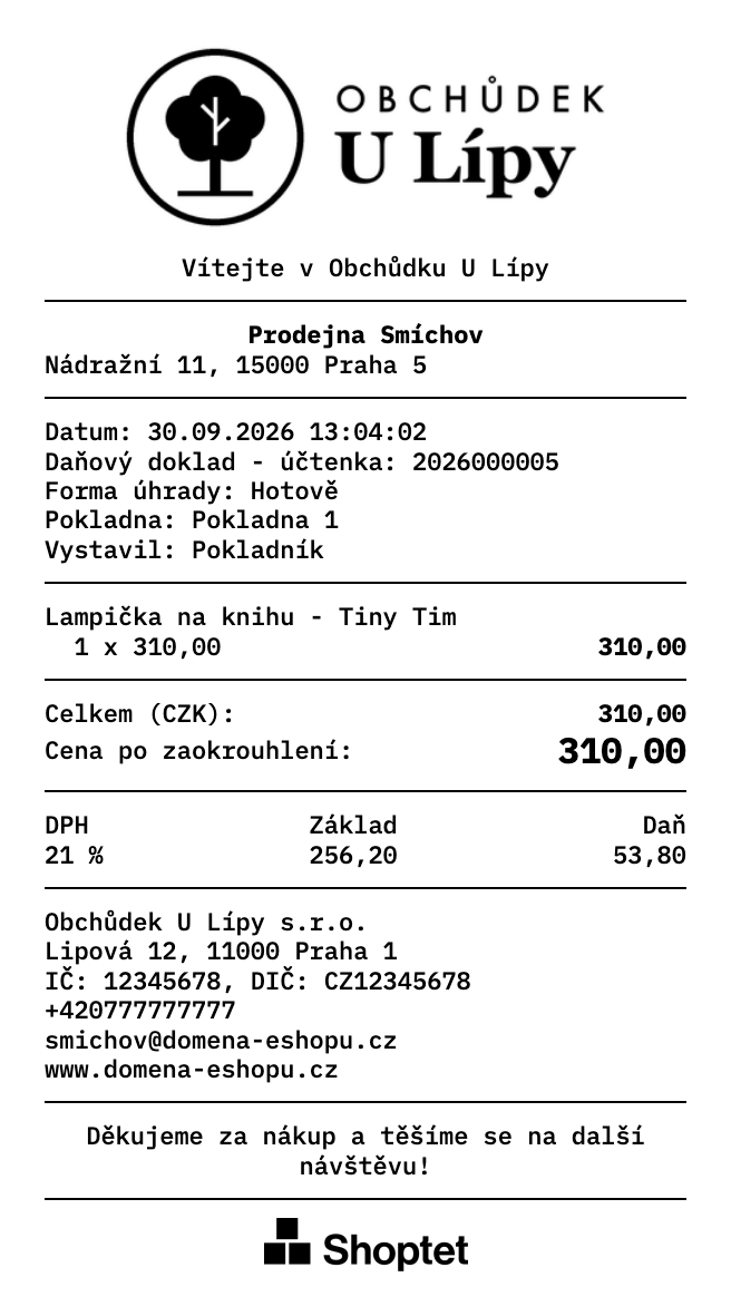 Ukázka účtenky s logem prodejny, údaji o prodejně a názvem pokladny