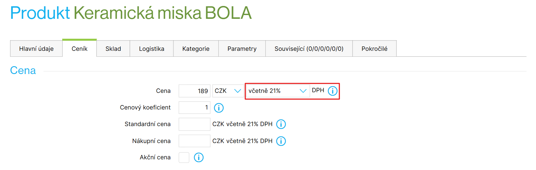 Nastavení DPH u konkrétního produktu