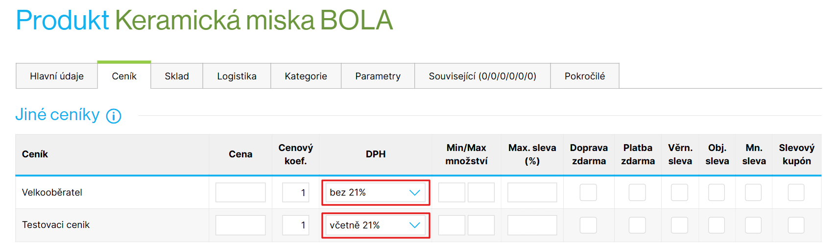 Nastavení DPH u konkrétního produktu pro další ceníky