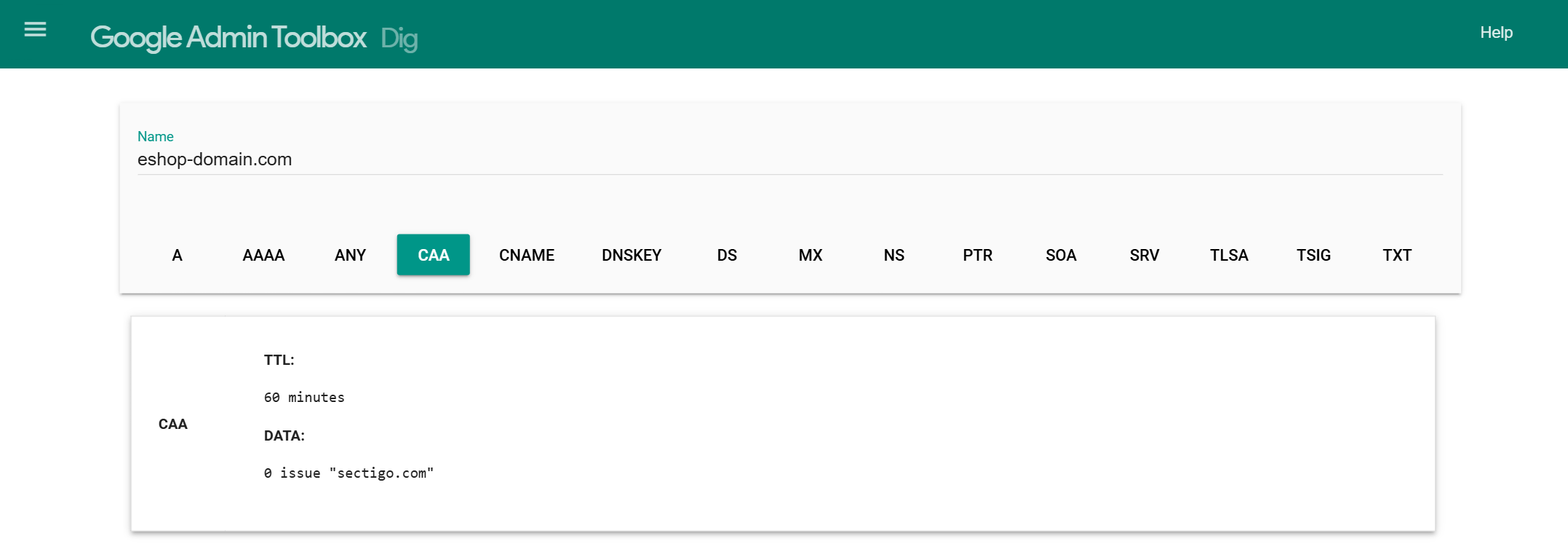Kontrola CAA záznamu pro službu ZeroSSL v Google Dig