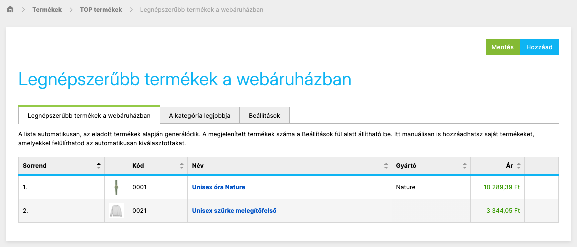 A Legnépszerűbb termékek a webáruházban fül két kézzel hozzáadott termékkel