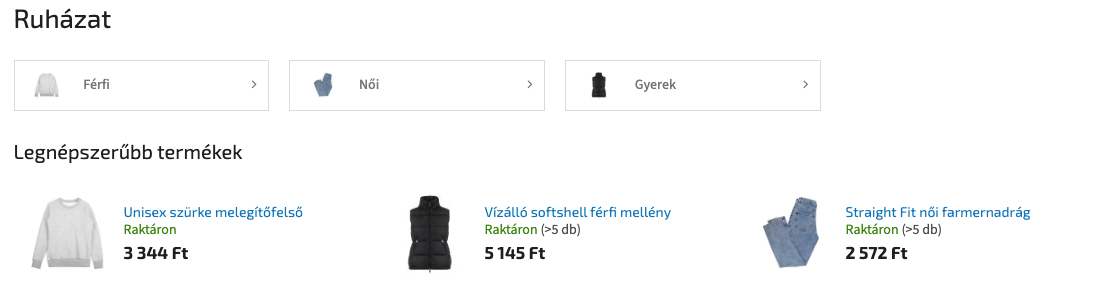 Kategória a webáruházban a legnépszerűbb termékekkel a terméklista felett