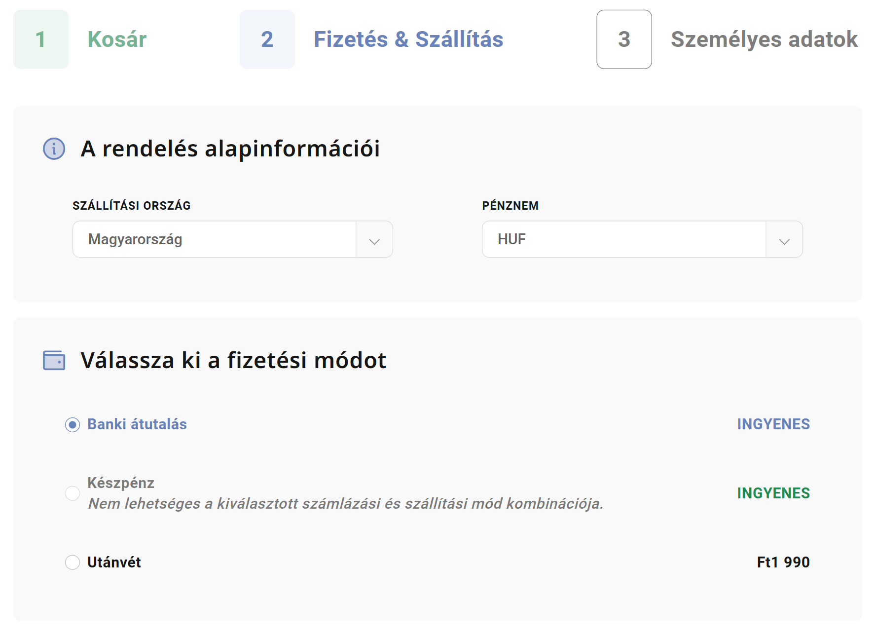 Fizetési módok megjelenítése a kosárban