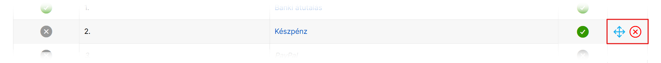 Gombok a sorrend módosításához vagy fizetési mód törléséhez