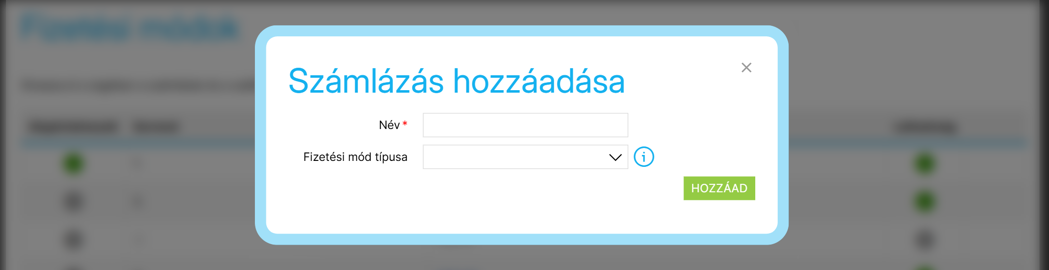 Új fizetési mód hozzáadására szolgáló ablak