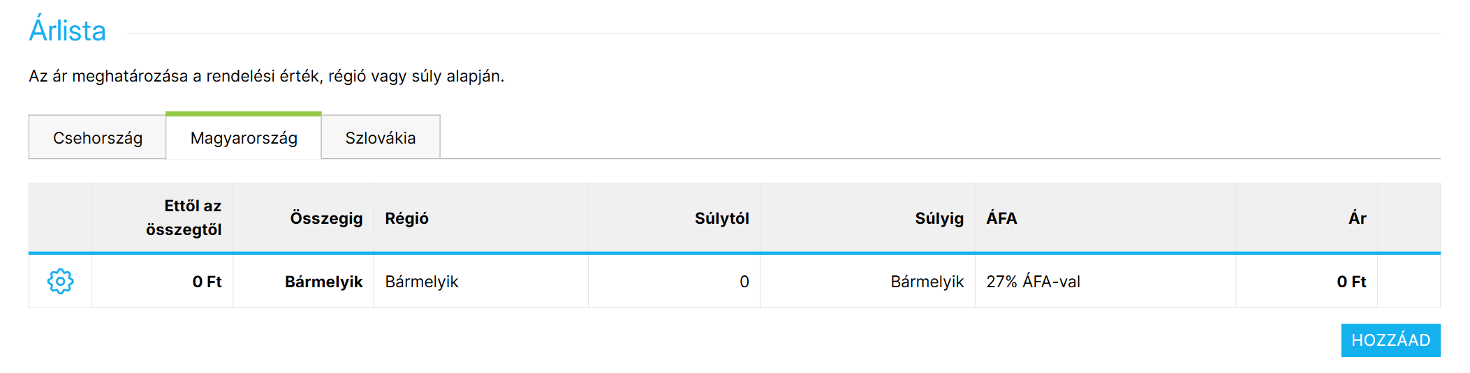 Fizetési mód árazása – példa ingyenes fizetésre Magyarországra történő szállítás esetén