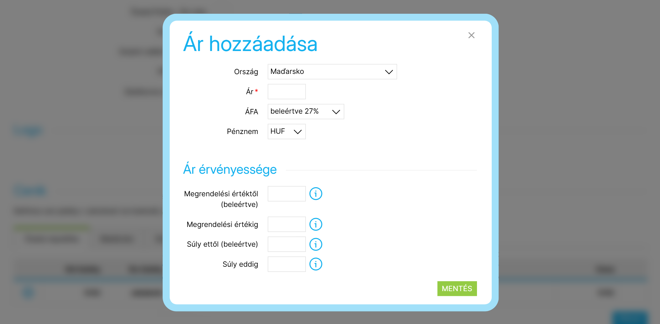 Új szállítási ár hozzáadása