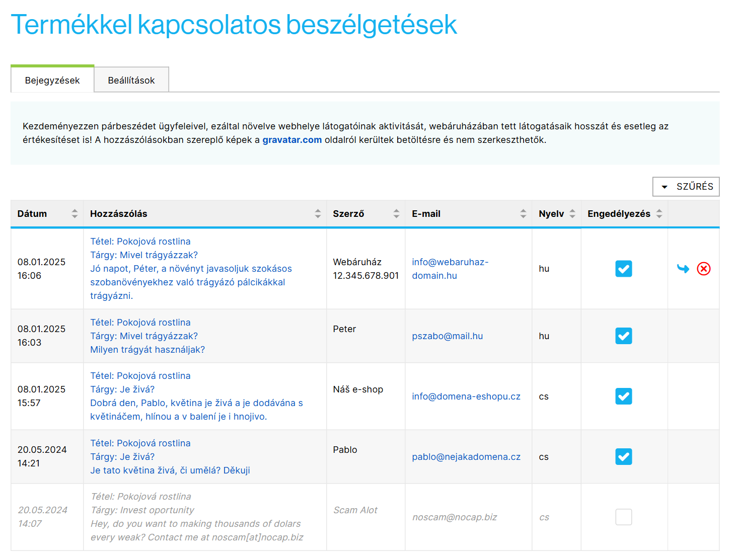 A termékekkel kapcsolatos beszélgetés bejegyzések áttekintése
