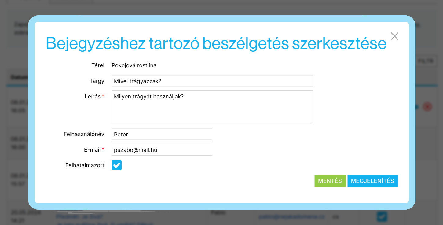 A beszélgetés bejegyzés részletei