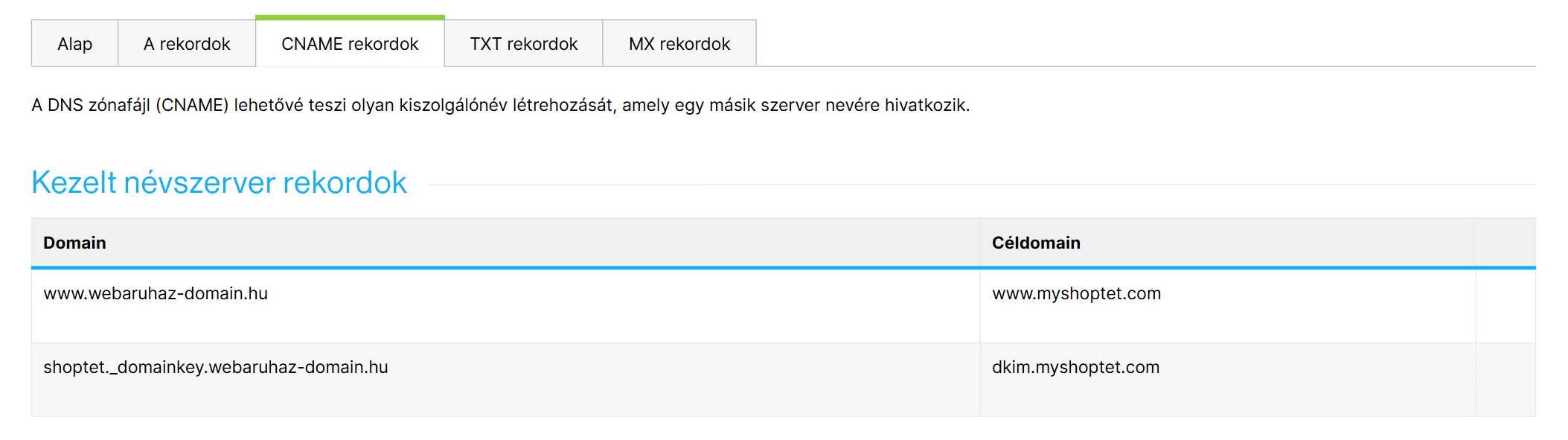 Beállítások → Tárhely → DNS beállítások, CNAME rekordok fül