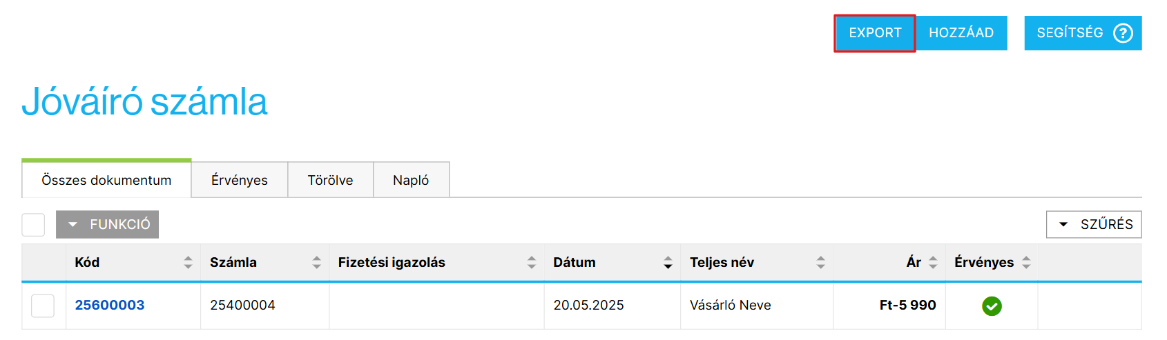 Export gomb a jóváíró számlák áttekintésében