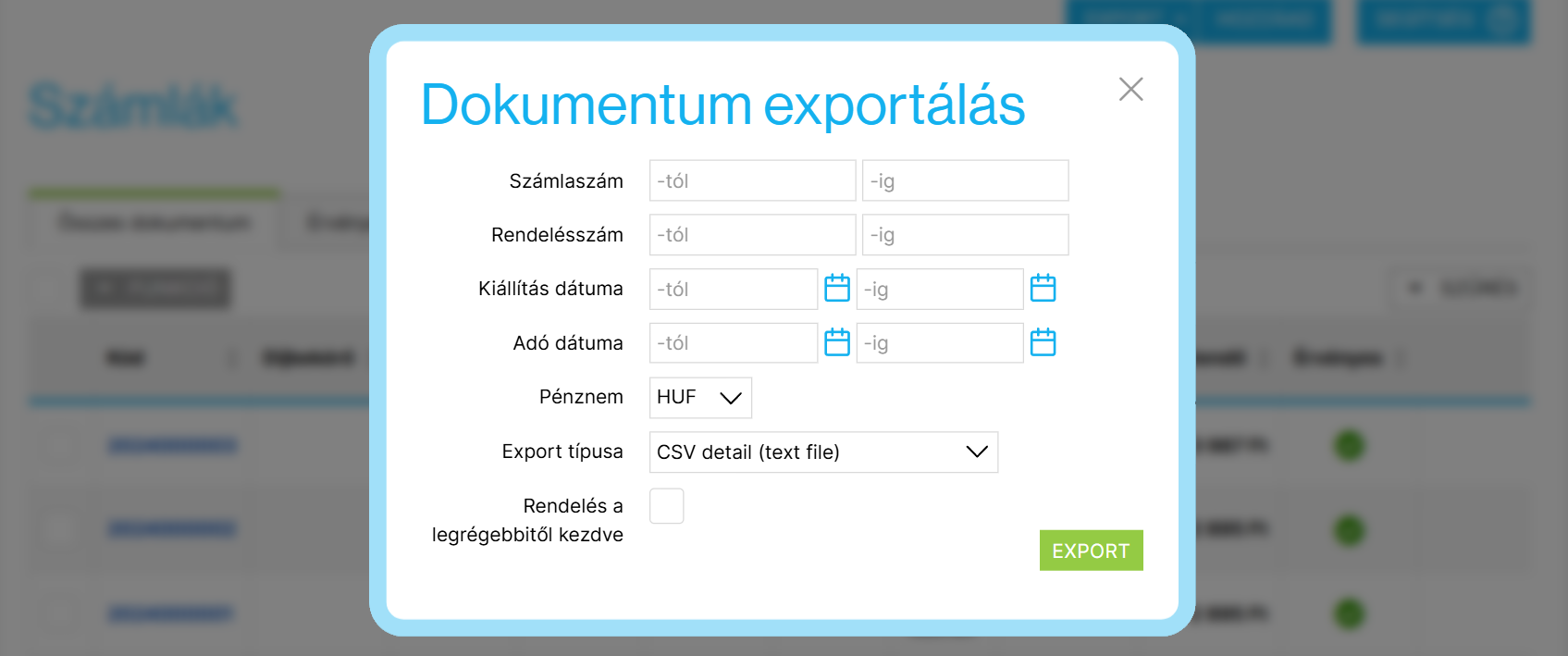 Számlák exportálási menüje