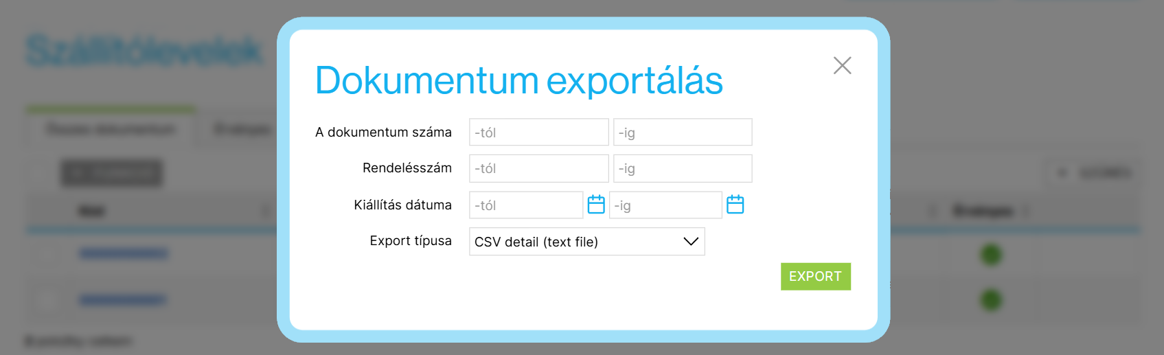 Szállítólevelek exportálási menüje